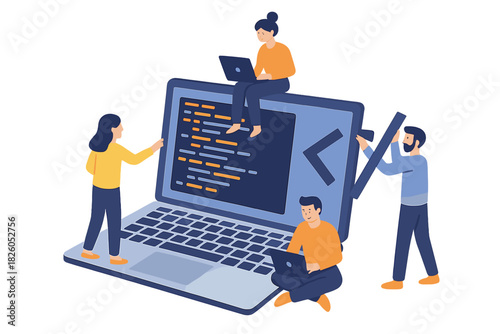 Team of software developers collaborating on a laptop screen displaying code and development symbols