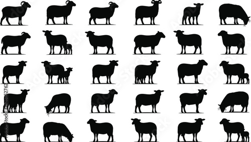Black Silhouette Vector Set of Domestic Sheep, Ram, Ewe, and Lamb in Various Poses, Representing Farm Animals, Livestock, Wool, Agriculture, and Rural Life.