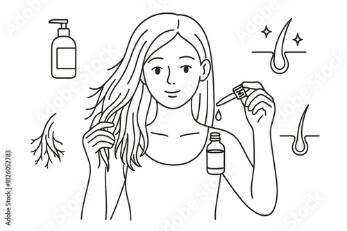 Young woman applying hair oil or serum with a dropper for beauty and hair care routine