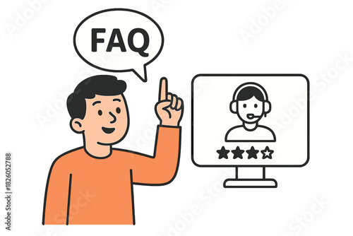 Man pointing to FAQ speech bubble seeking help from online customer service support