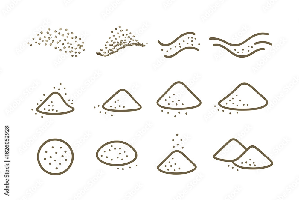 Naklejka premium Simple icons showing piles and streams of granular material, powder, or dust