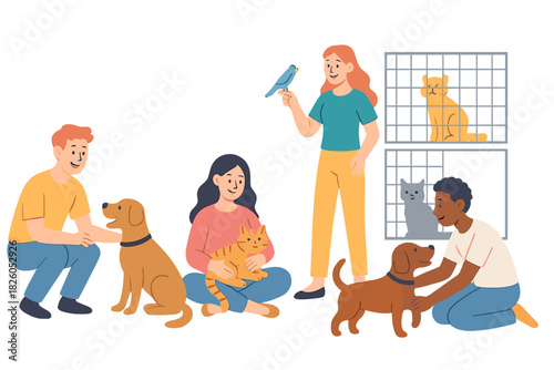 Diverse group of people interacting with dogs, cats, and a bird at a pet adoption event