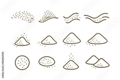 Simple icons showing piles and streams of granular material, powder, or dust