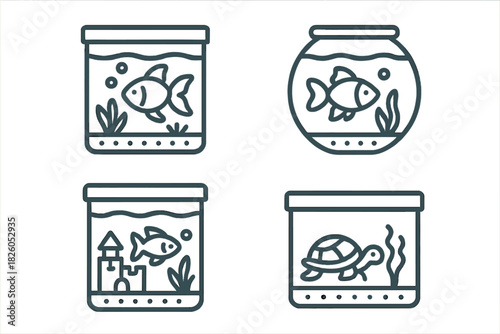 Outline icons of pet aquariums, fish tanks, fishbowls, and turtle terrariums