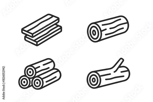 Simple line icons showing various wood and timber elements including logs and cut lumber
