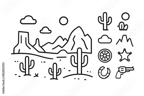Minimalist outline icons of desert landscape and traditional Wild West cowboy symbols