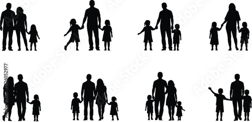 Black Silhouette Vector Set of Diverse Families Walking and Standing, Representing Parenthood, Kinship, Love, Childhood, Unity, Growth, and Intergenerational Relationship.