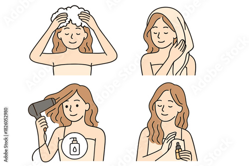 Woman demonstrating hair care routine steps: washing, drying, and applying serum