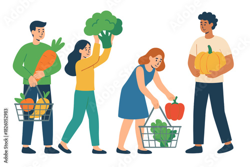 Diverse group shopping for fresh organic vegetables and healthy food at market