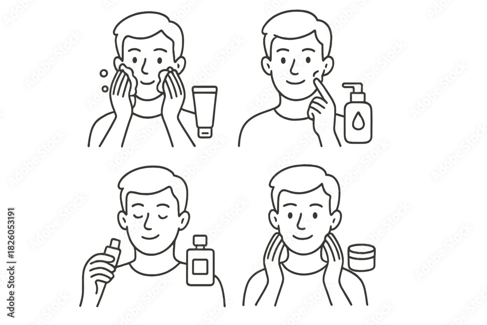 Fototapeta premium Four steps of male facial skincare routine: washing, applying toner, serum, and moisturizing cream
