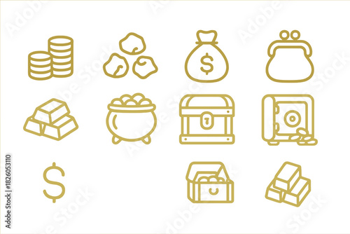 Set of gold outline icons depicting wealth, finance, currency, and treasure elements
