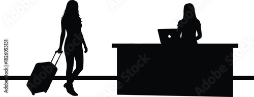 Black Silhouette Vector of Traveler Woman with Suitcase Arriving at Hotel or Airport Check-in Desk, Representing Travel, Hospitality, Customer Service, and Tourism.