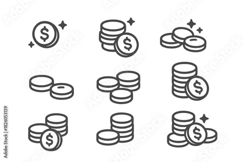 Outline symbols depicting various stacks of dollar coins and loose currency