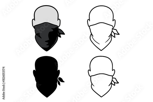 Four variations of a person wearing a black bandana covering the face as a mask or disguise