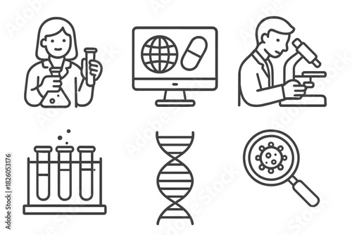 Symbols representing laboratory work, genetic research, and global pharmaceutical development