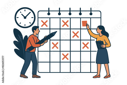 Business people managing time and scheduling tasks on a large calendar with a clock