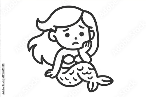 Sad mythical mermaid character sitting down and resting her chin on her hand