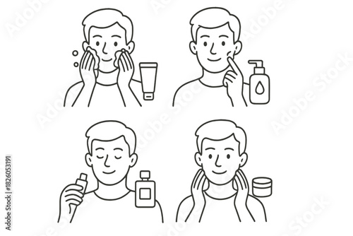 Four steps of male facial skincare routine: washing, applying toner, serum, and moisturizing cream