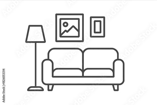 Minimalist living room interior with sofa, floor lamp, and framed artwork