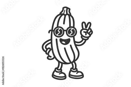 Cool cartoon zucchini character wearing sunglasses and showing peace sign gesture