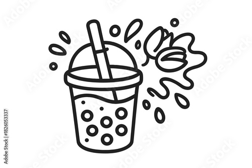Refreshing bubble tea beverage in plastic cup with straw and dynamic liquid splashes