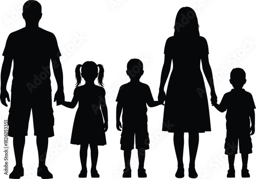 Black Silhouette Vector of a Family of Five Standing Together Holding Hands, Representing Kinship, Parenthood, Love, Childhood, Unity, and Family Life Concept.