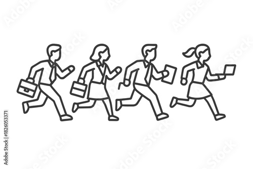 Corporate business team running quickly while carrying briefcases and digital devices