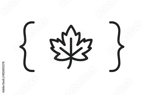 Minimalist black and white graphic depicting a stylized maple leaf symbol enclosed by curly brackets