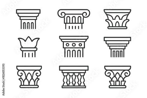Ancient Greek and Roman architectural column capitals and pillars outline style