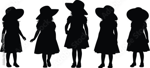 Black Silhouette Vector Set of Five Young Girls Wearing Dresses and Large Sun Hats, Representing Childhood, Summer, Innocence, Fashion, Playtime, and Vintage Style.
