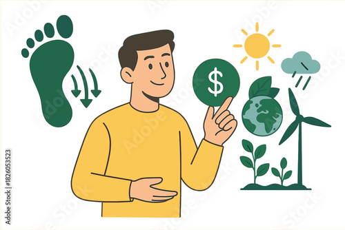 Person considering carbon footprint reduction and green finance for sustainable development