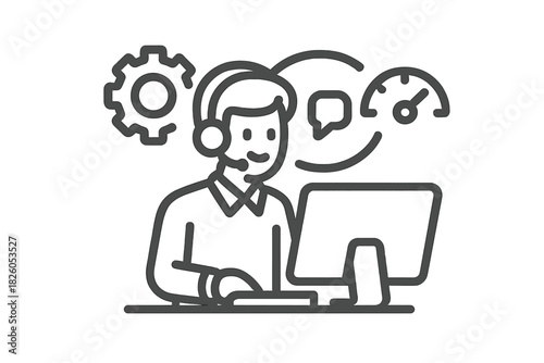 Customer support representative providing technical assistance surrounded by performance and settings icons