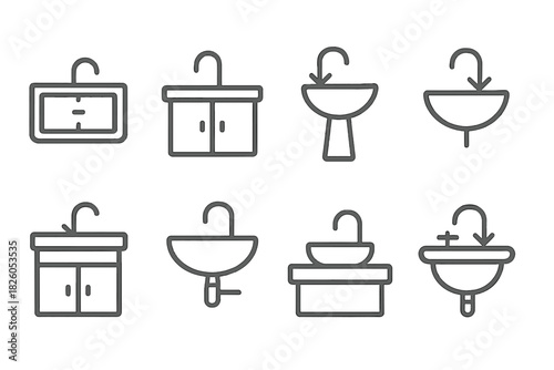 Various bathroom and kitchen sinks and washbasins with faucets outline icons