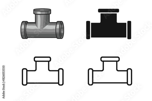 Industrial T-junction pipe fitting symbols and icons in metallic, solid, and outline styles