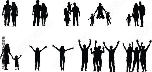 Black Silhouette Vector Set of Families and Cheering People, Representing Joy, Freedom, Celebration, Parenthood, Community, Happiness, and Active Life Together.