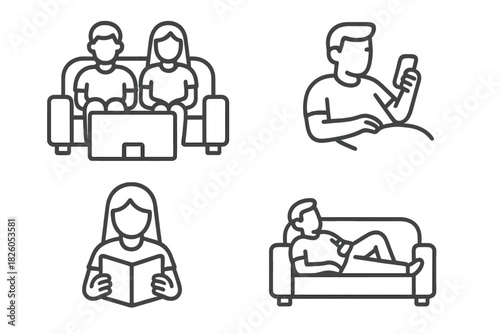 Outline icons of people relaxing at home reading books and looking at mobile phones