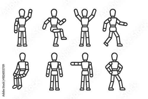 Eight articulated wooden figures demonstrating various human poses and actions