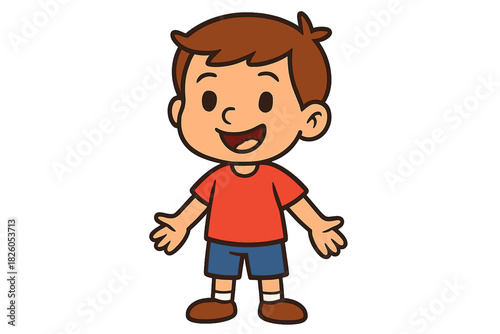 Cheerful cartoon boy standing and smiling happily with open arms wearing a red shirt and blue shorts