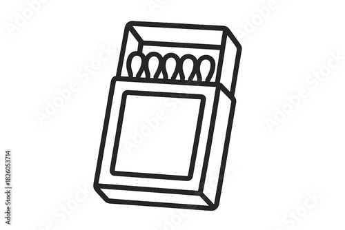 Simple graphic showing an open matchbox containing several wooden matches ready for use