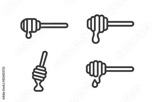 Minimalist black outline icons of honey dippers dripping sweet liquid for food concepts