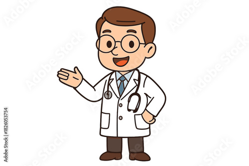 Smiling male doctor wearing a lab coat and stethoscope making a welcoming gesture