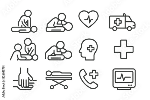 Line symbols for emergency medical services and first aid in healthcare applications