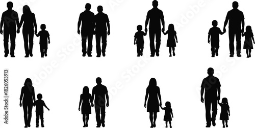 Black Silhouette Vector Set of Diverse Families and Couples Walking Together, Representing Parenthood, Kinship, Love, Childhood, Relationships, and Intergenerational Connection.