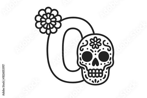 Black and white sugar skull Calavera with decorative flower and letter O outline design