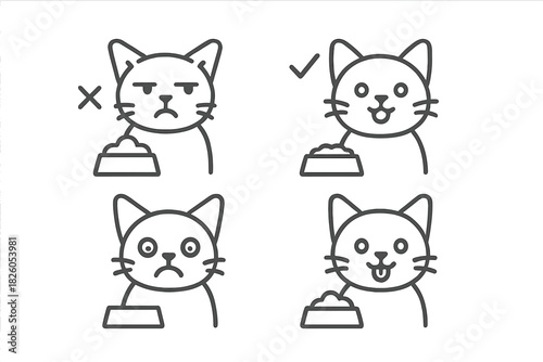 Set of feline emotion icons showing happy, sad, angry, and satisfied cat faces near food bowls