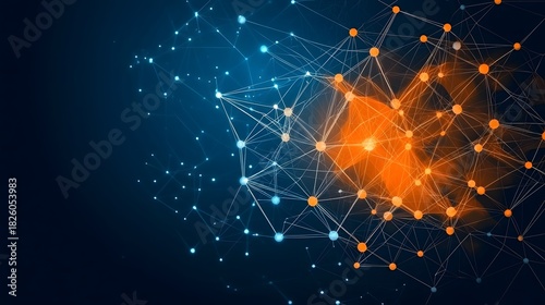 The image displays a network of interconnected nodes and lines, with a gradient of colors transitioning from cool blue to warm orange, suggesting connectivity or data visualization.