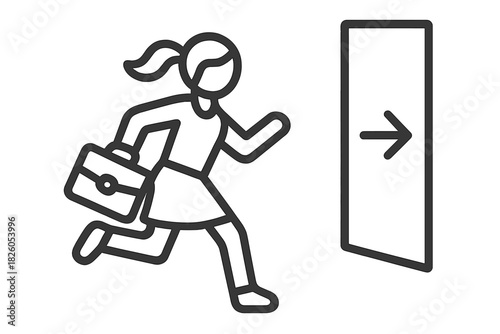Professional woman running quickly with briefcase towards an exit sign or directional arrow