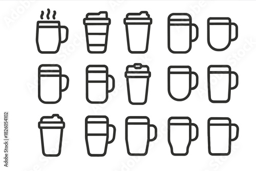 Diverse outline symbols representing ceramic mugs and disposable travel coffee cups