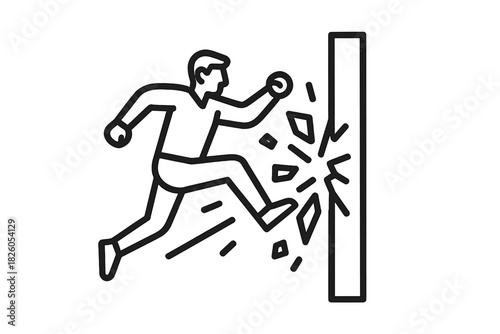 Determined person running forward and shattering a concrete wall for breakthrough