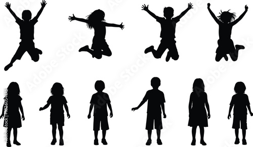 Black Silhouette Vector Set of Diverse Young Children Jumping and Standing, Capturing the Concepts of Joy, Freedom, Play, Energy, Childhood, Happiness, and Active Life.